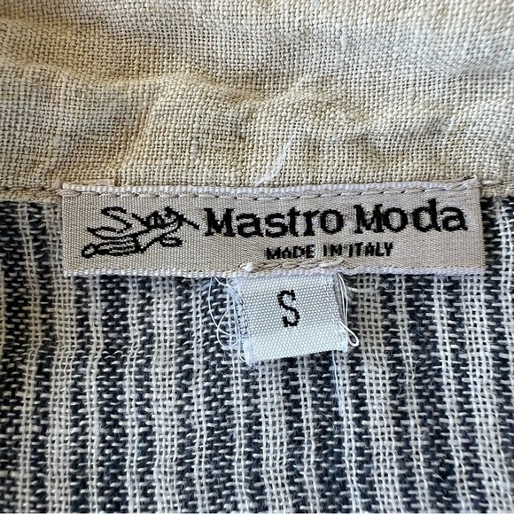 Mastro Moda Italy 100% Linen Stripe Popover Henley Top Blue Ecru Roll Tab Small - Picture 12 of 13